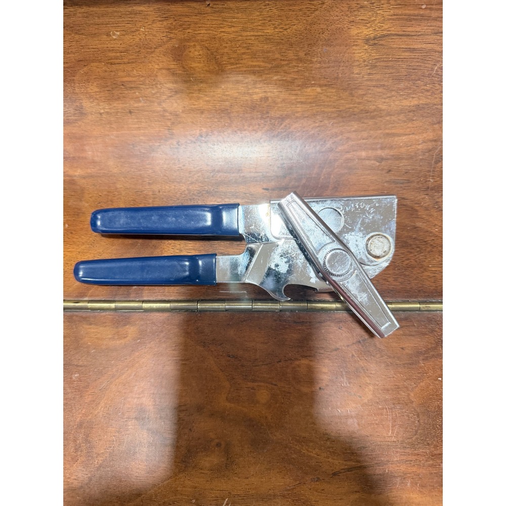 Vintage Swing-A-Way Can Opener Made in USA Blue Handle Chrome Handheld Manual